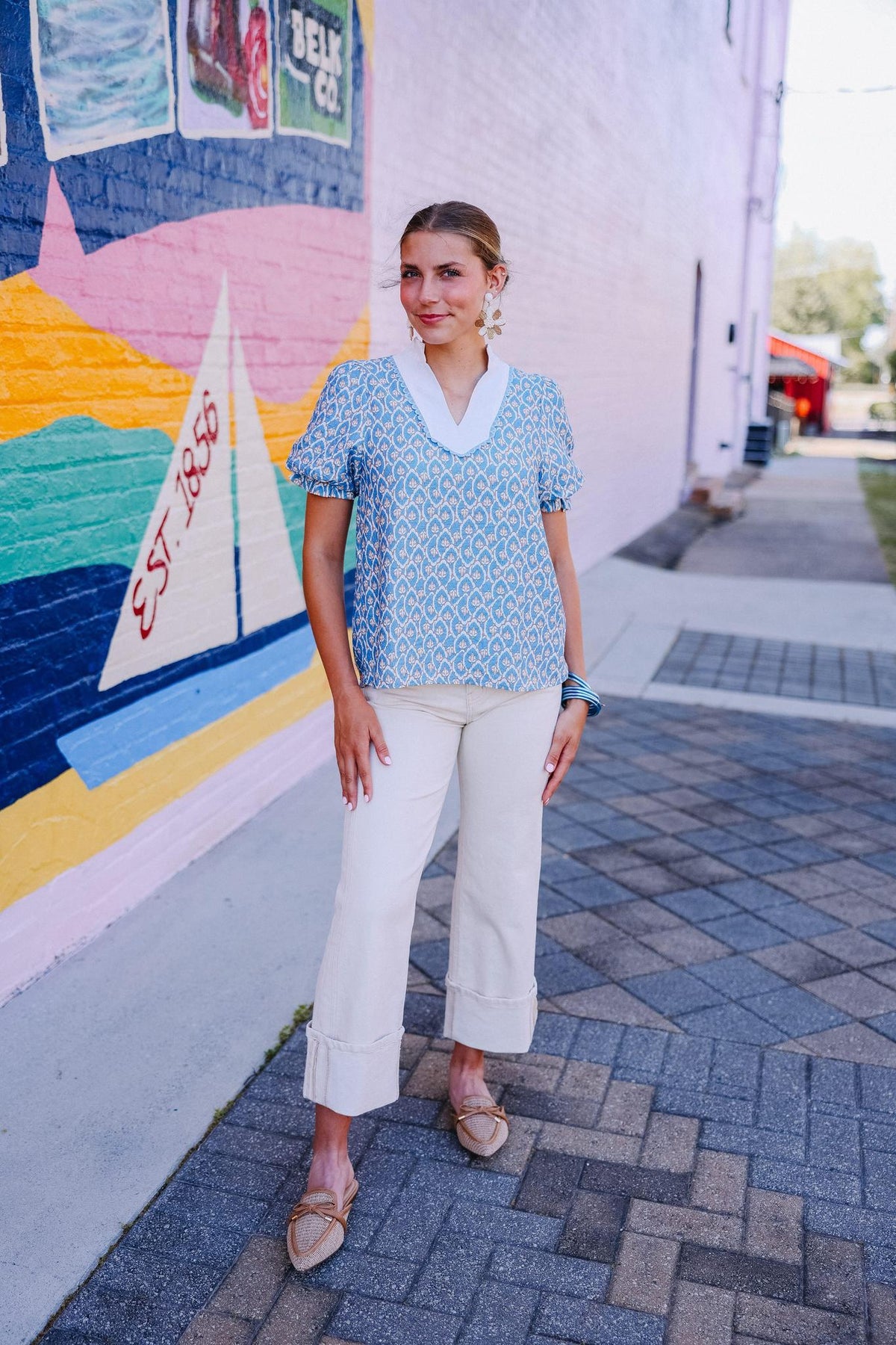 Blue Vintage Print Puff Sleeve Top