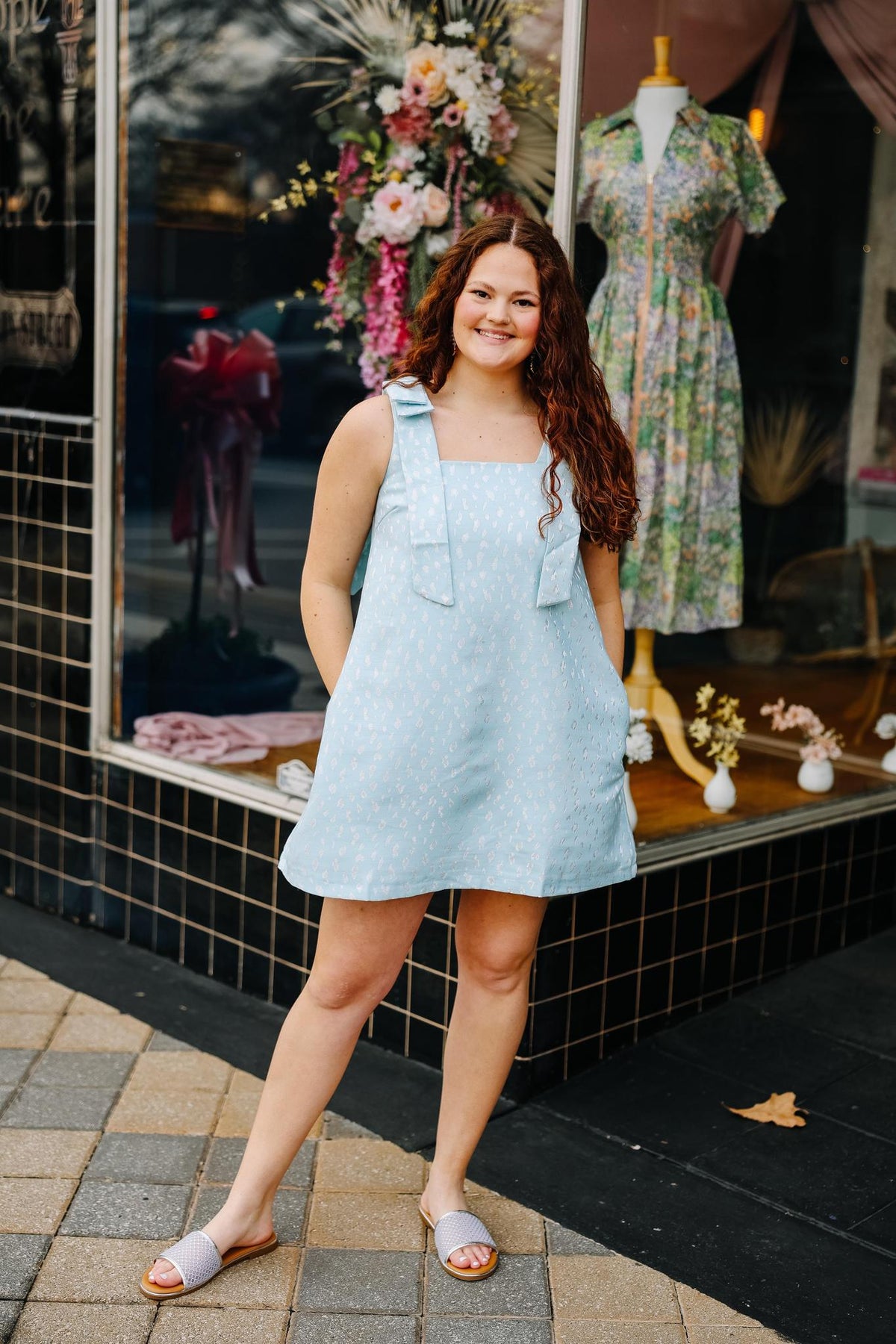 Dusty Blue Bow Shift Dress