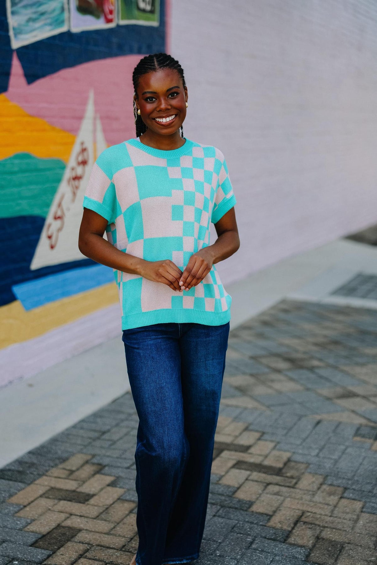 Green Checkered Sweater Top