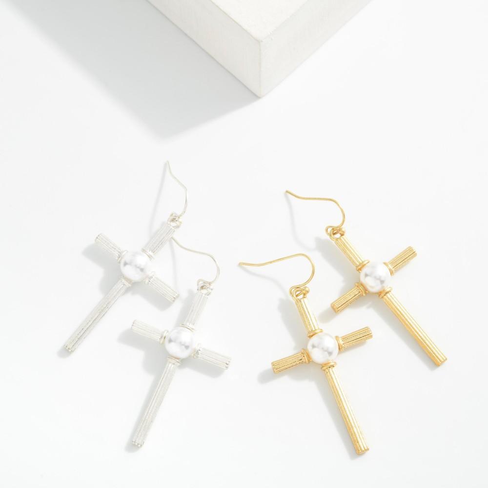Ribbed Cross Pearl Earrings