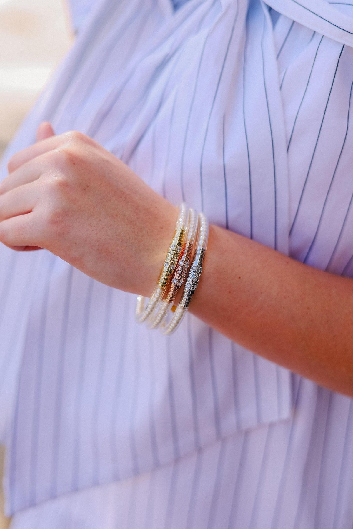 White Pearl Three Queens All Weather Bangles (Set Of 3)