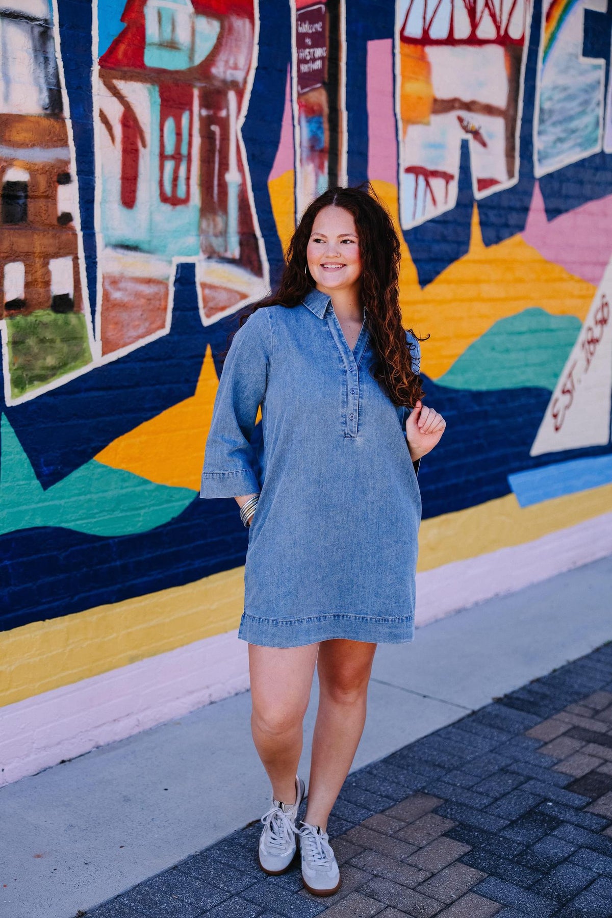 Washed Denim Quarter Sleeve Mini Dress