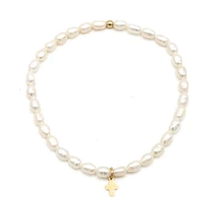 Rice Pearl Waterproof Bracelet With A Gold-Filled Luxe Cross-7.0"