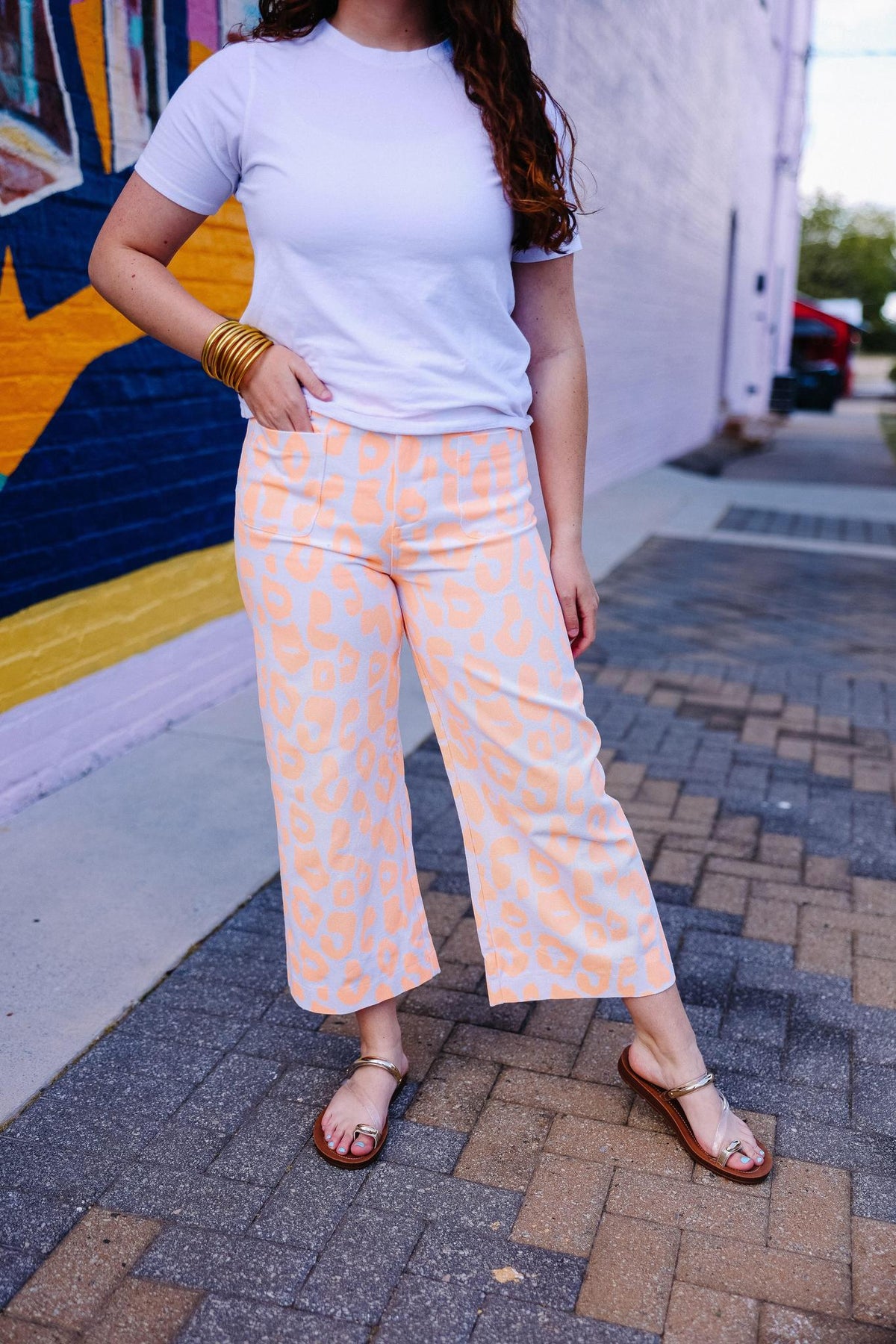 Leopard Printed Neon Orange Cropped Wide Leg Pants