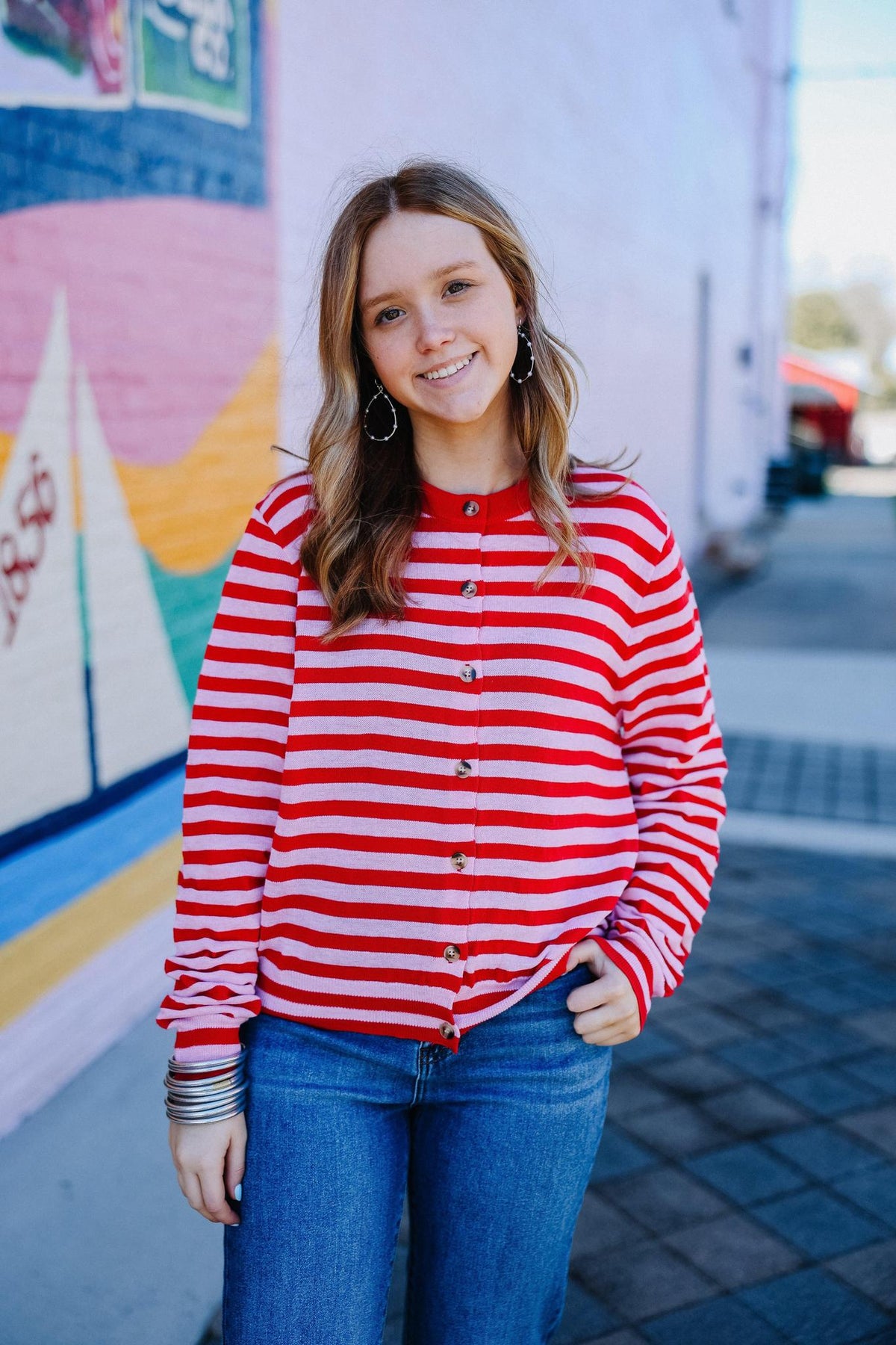 Pink and Red Striped Button Front Cardigan