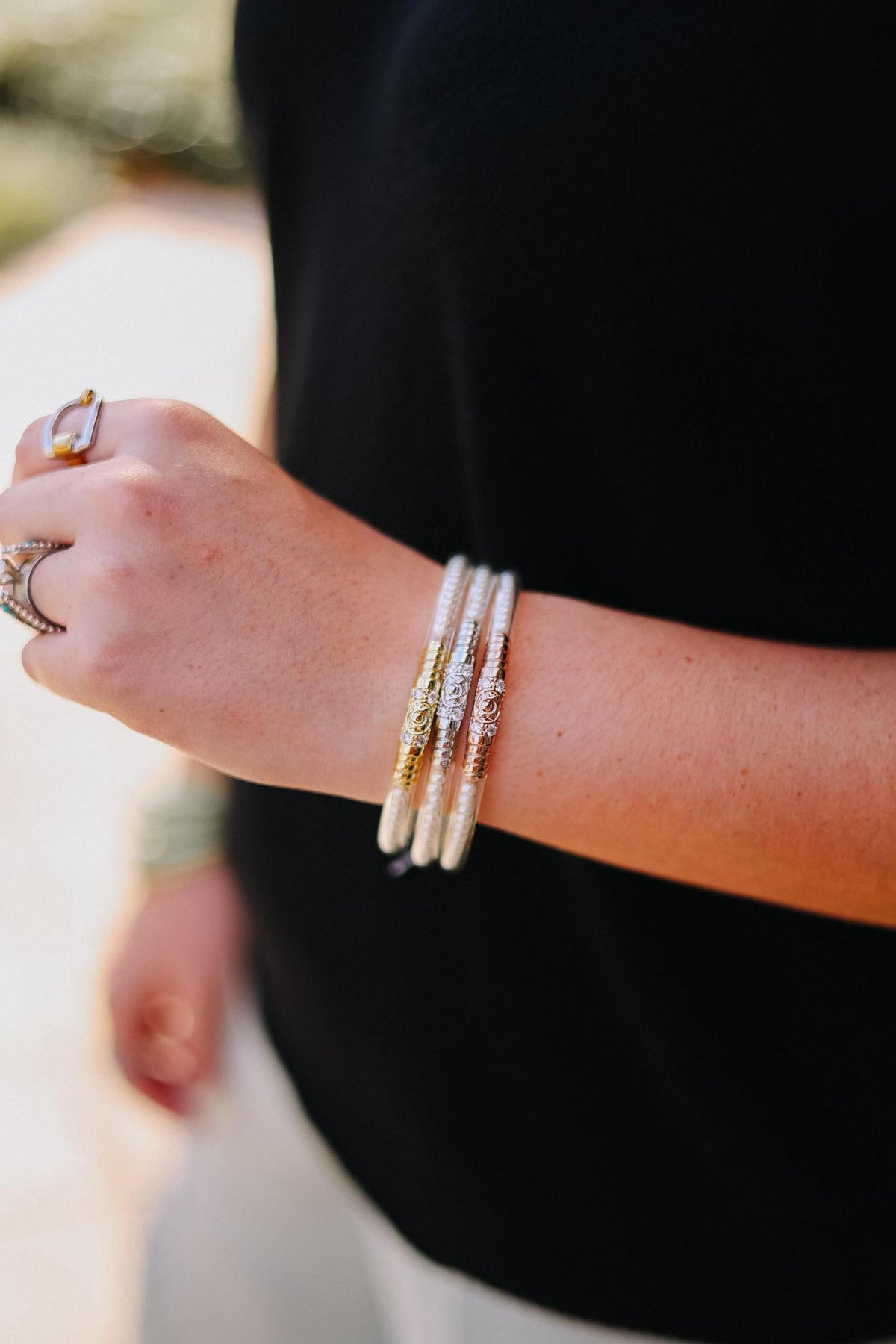 White Pearl Three Queens All Weather Bangles (Set Of 3) By BuDhaGirl