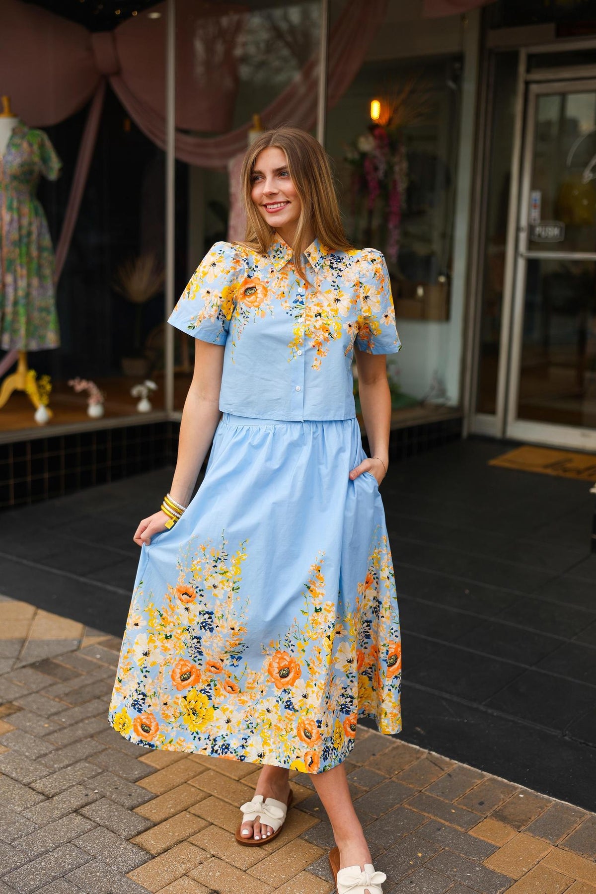 blue floral two piece dress Two Piece Blue Floral Prom Dress