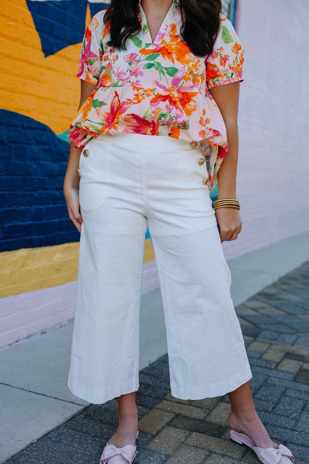 High Waisted Cropped Wide Leg Pants With Gold Buttons