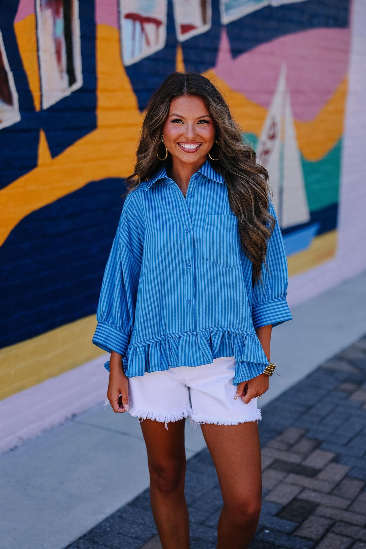 Blue Striped Ruffle Top