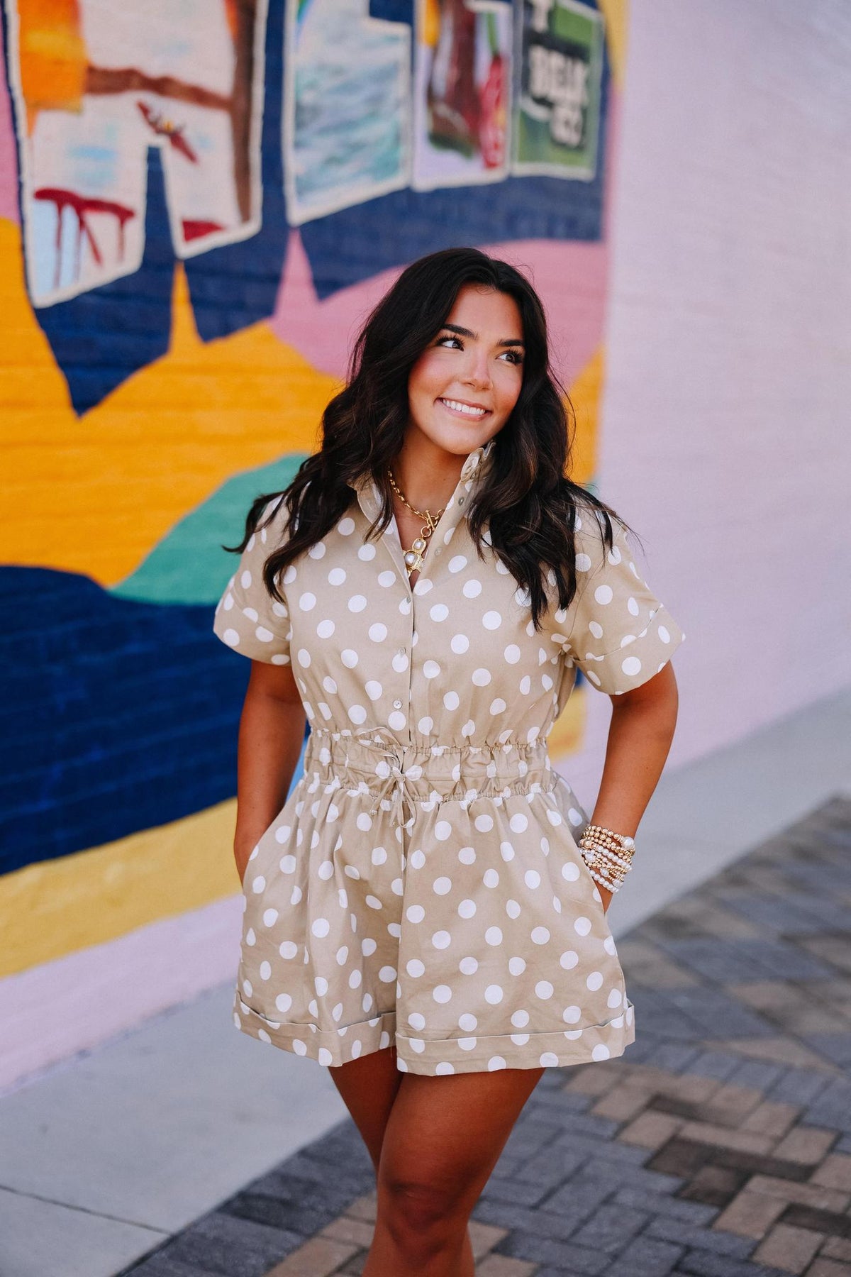 Taupe & White Polka Dot Romper