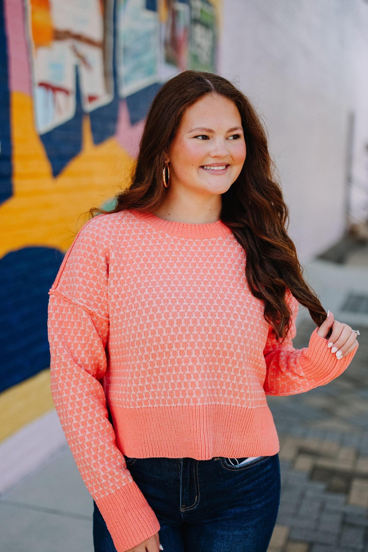 Coral Geometric Check Sweater