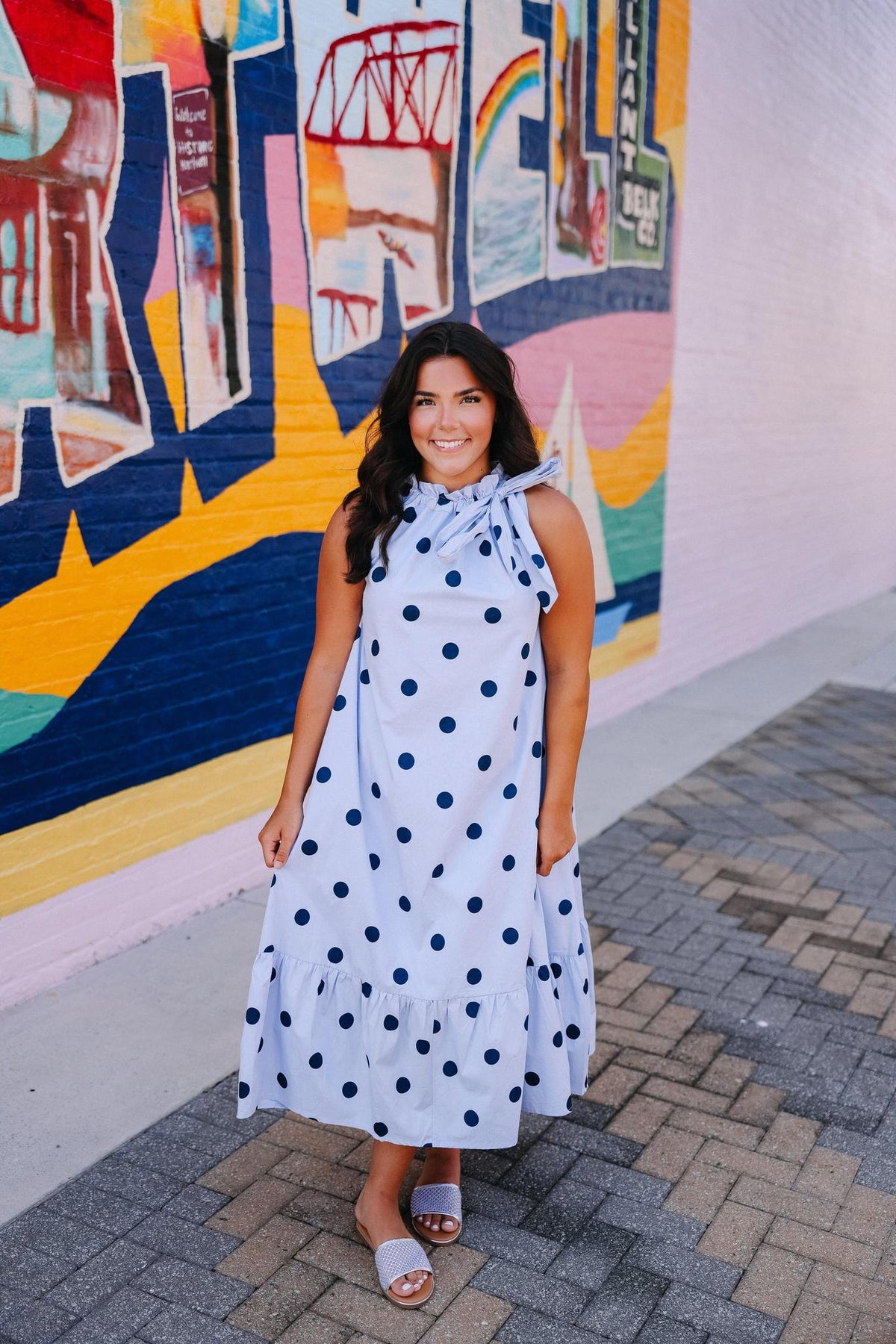 Blue Polka Dot Midi Halter Dress