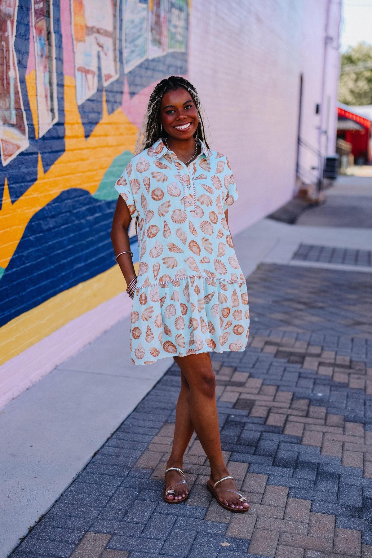 Shell Print Aqua Blue Mini Dress