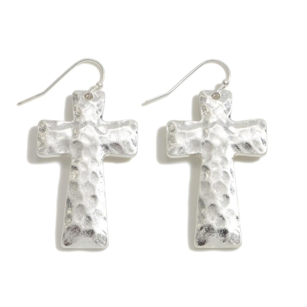 Silver Hammered Cross Earrings