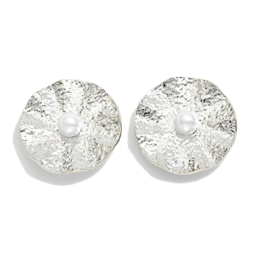 Hammered Silver Disc Pearl Studs