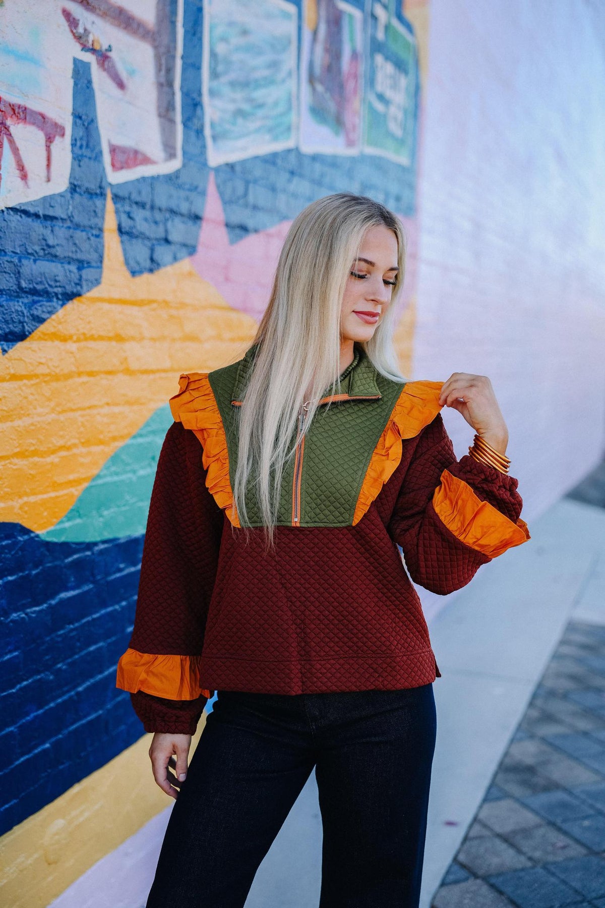 Fall Color Block Ruffle Top