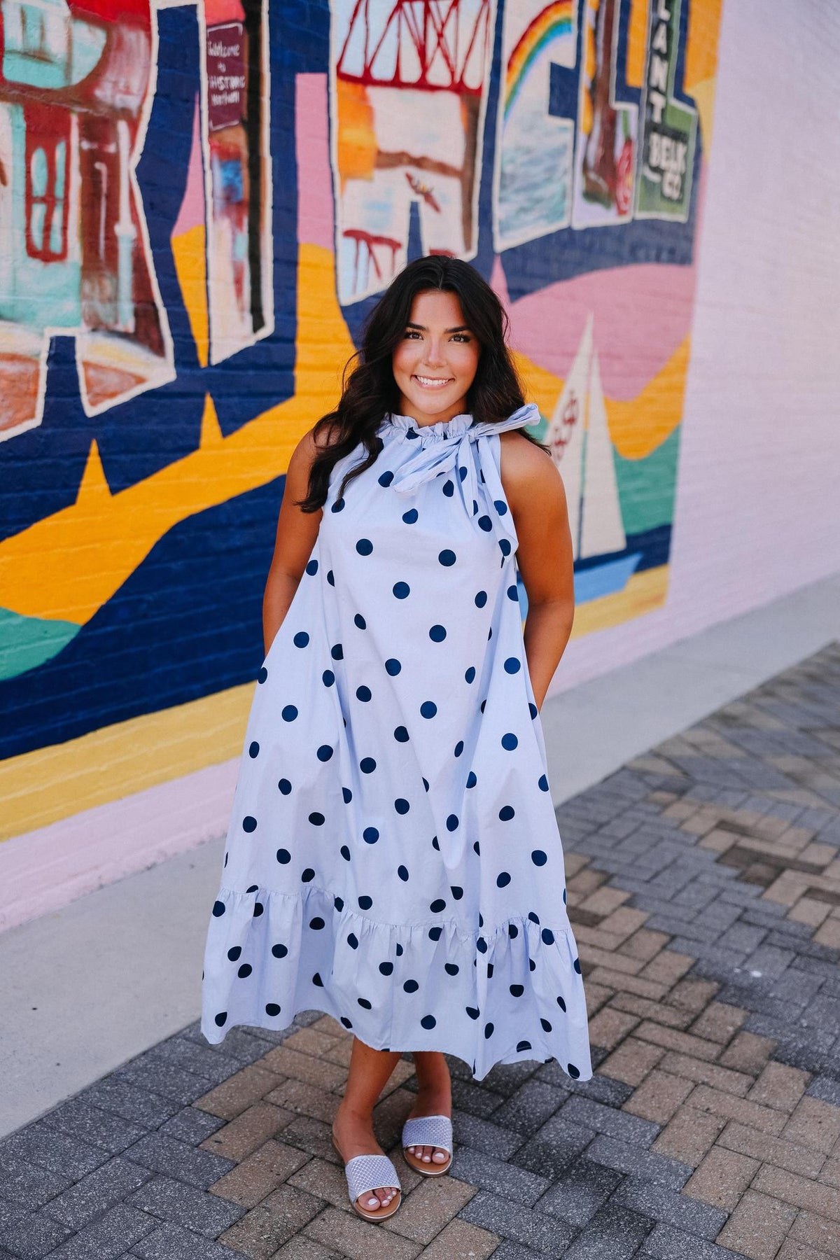 Blue Polka Dot Midi Halter Dress