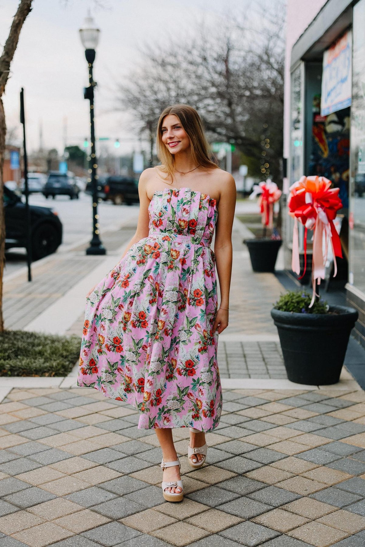 Pink Floral Spring Midi Dress