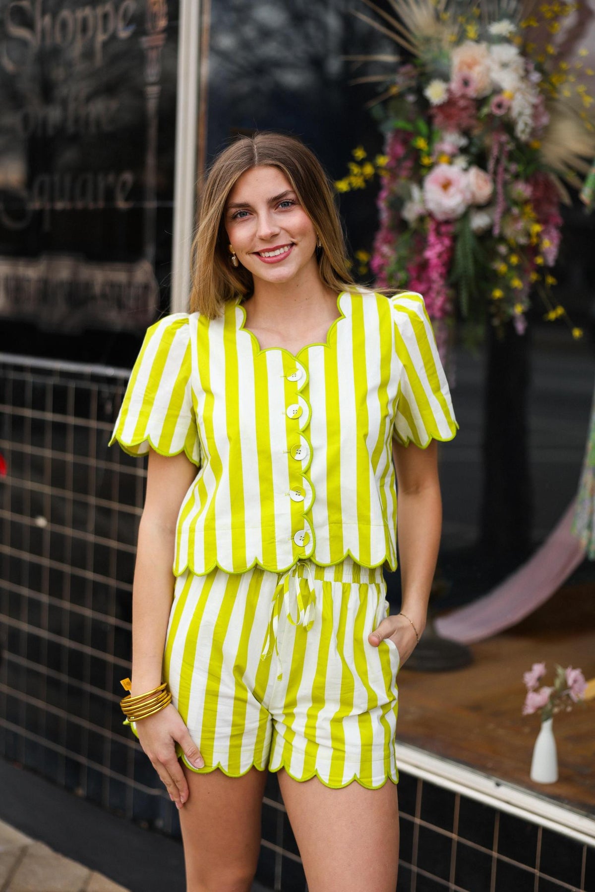 Kiwi Stripe Scallop Two Piece Short Set