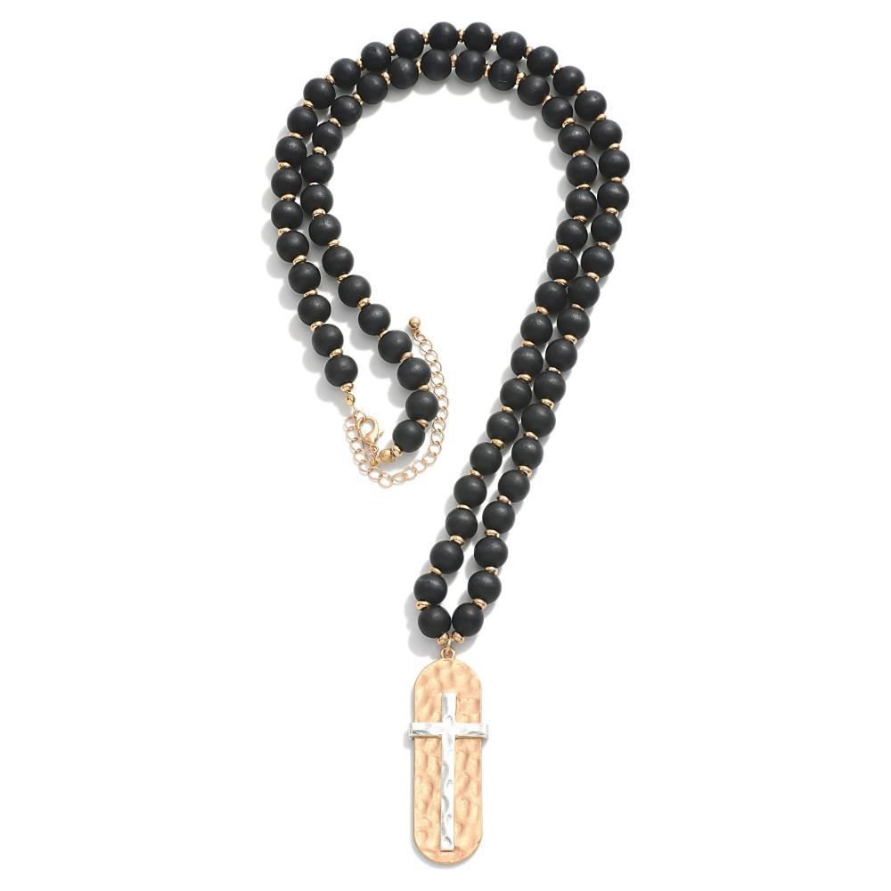 Black Beaded Cross Necklace