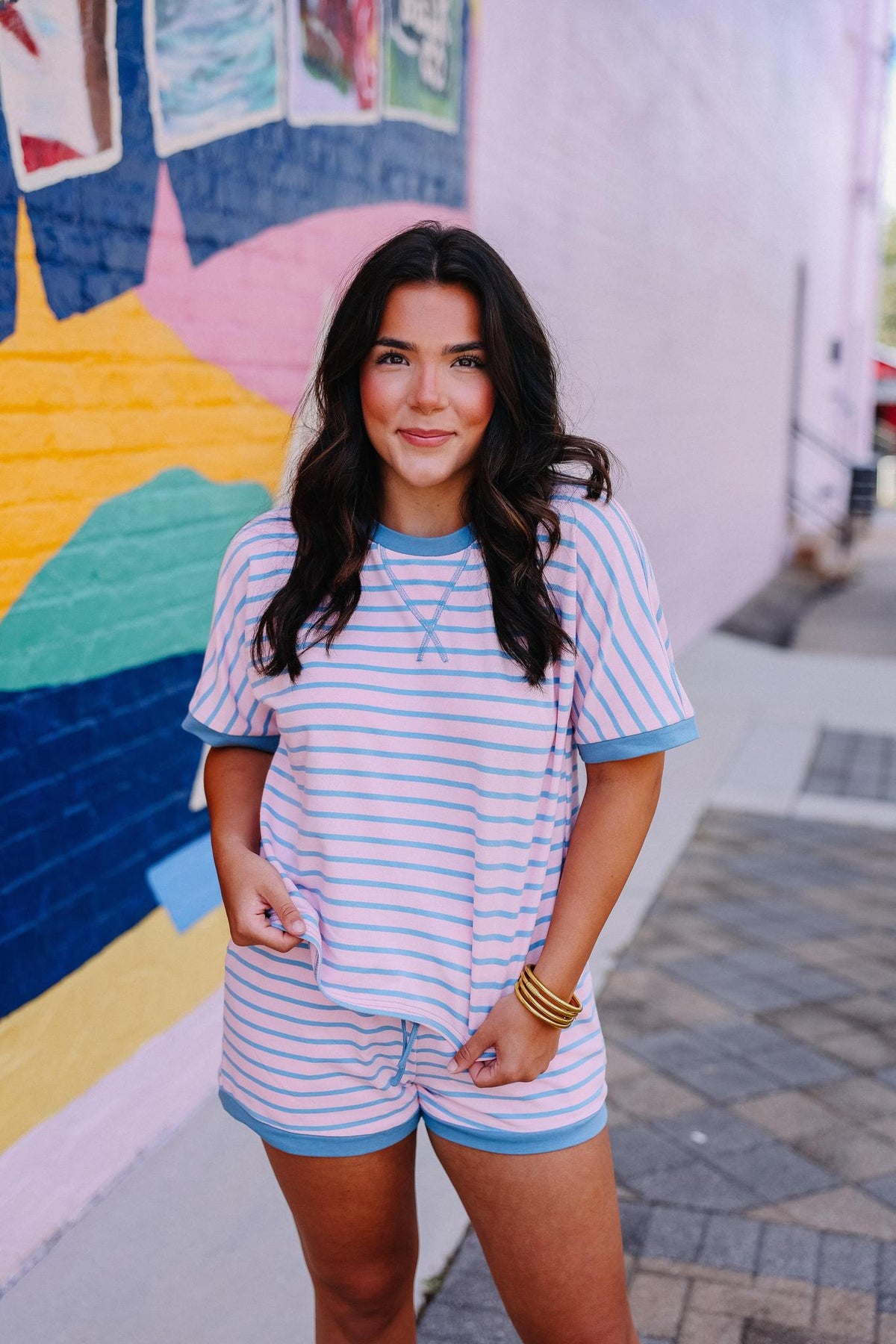 Pink & Blue Striped Short Set