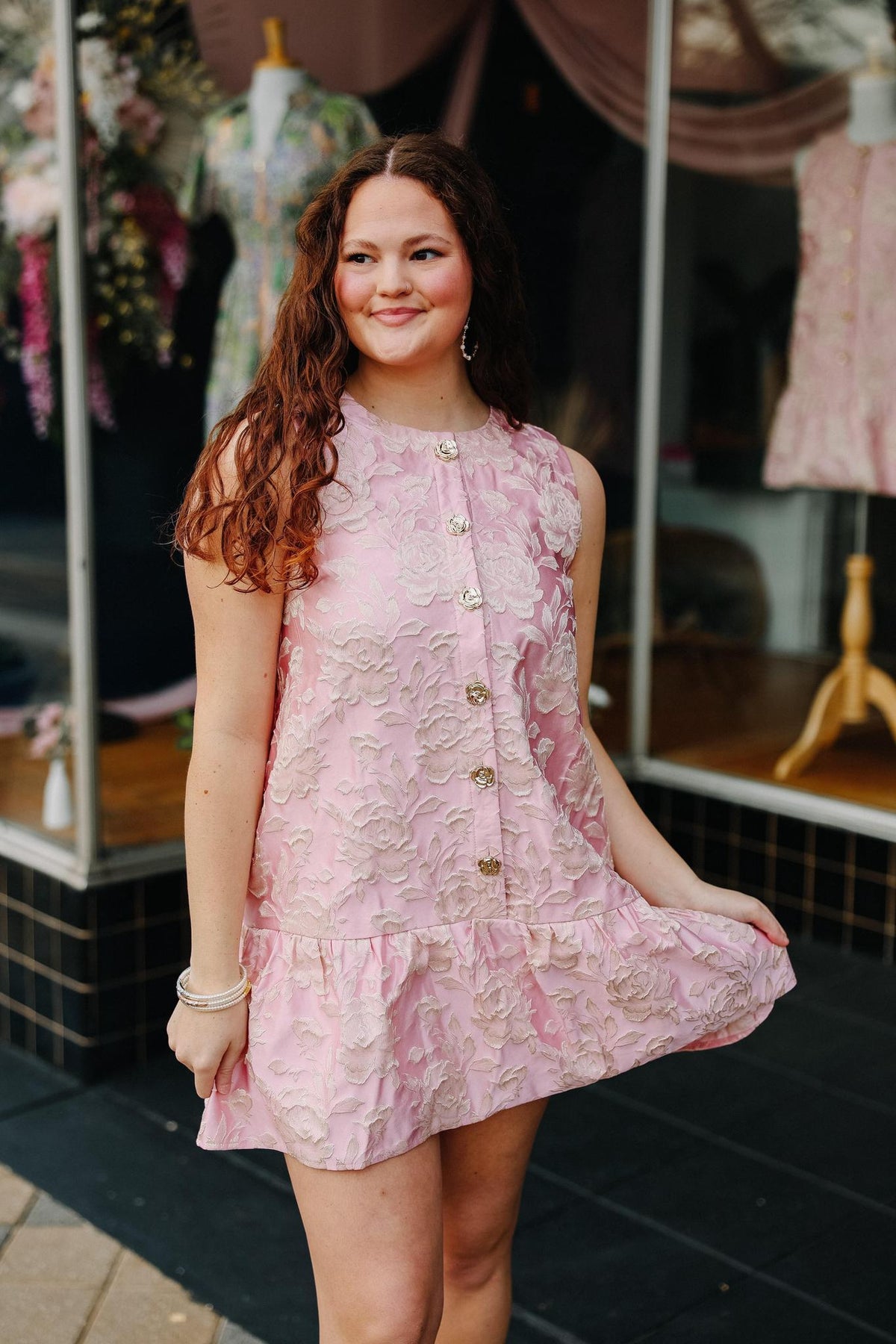 Women's Pink Textured Button Front Mini Dress