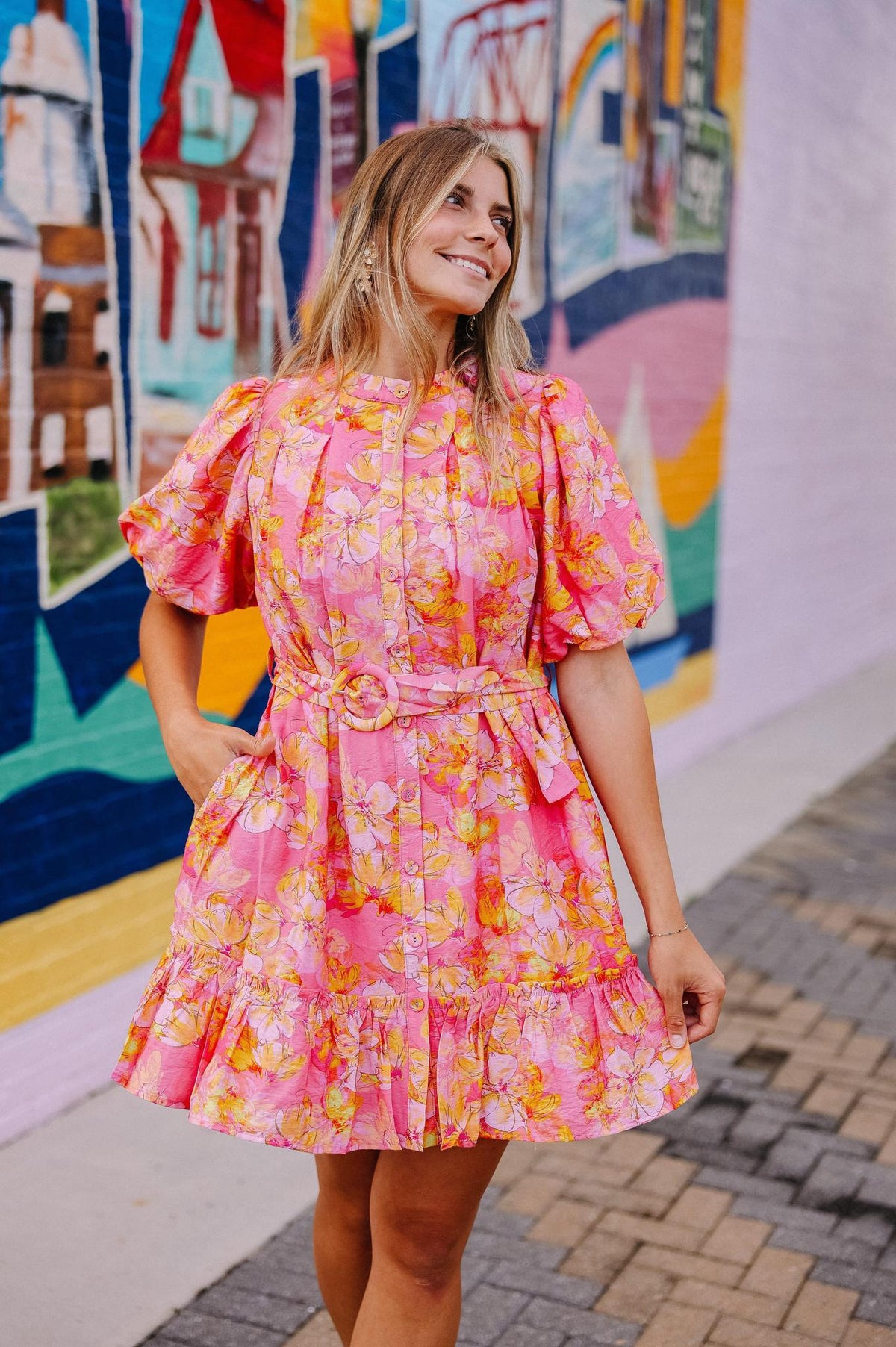 Pink Blossom Belted Mini Dress