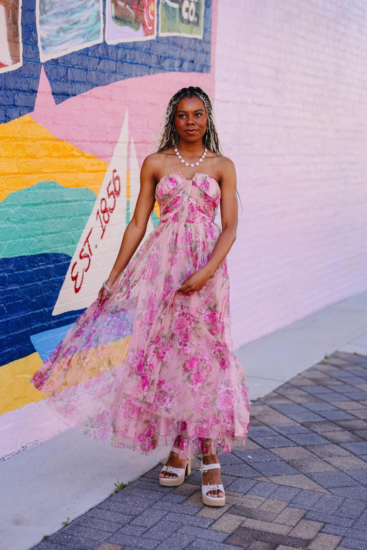 Blush Pink Floral Tulle Maxi Dress
