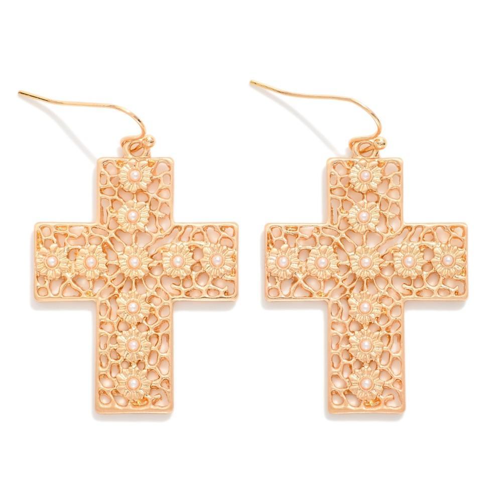 Gold Flower Detailed Cross Earrings