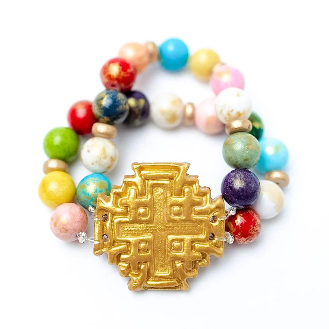 Multicolored Jade Double Strand Jerusalem Cross Bracelet