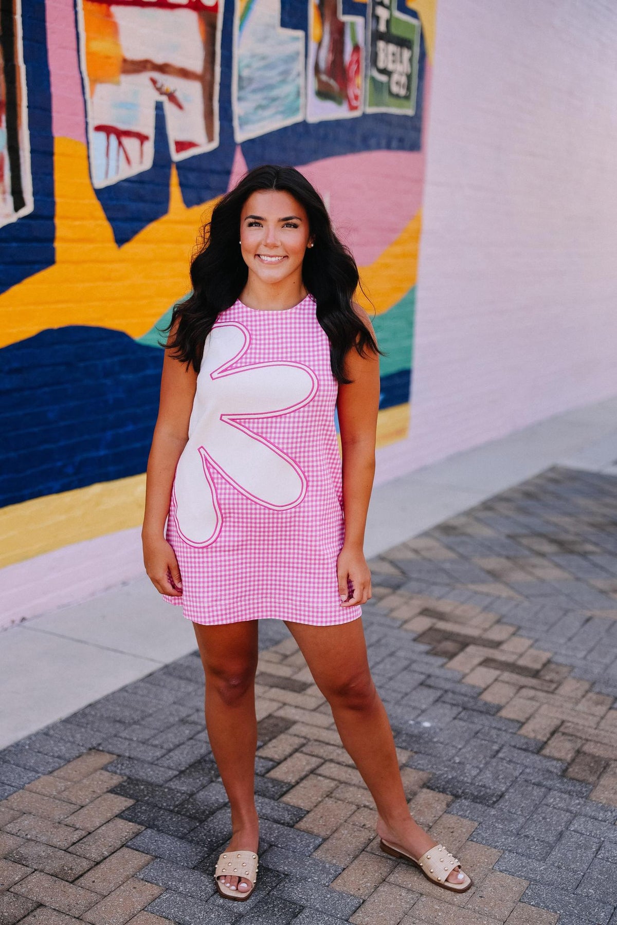 Pink Gingham Flower Mini Dress