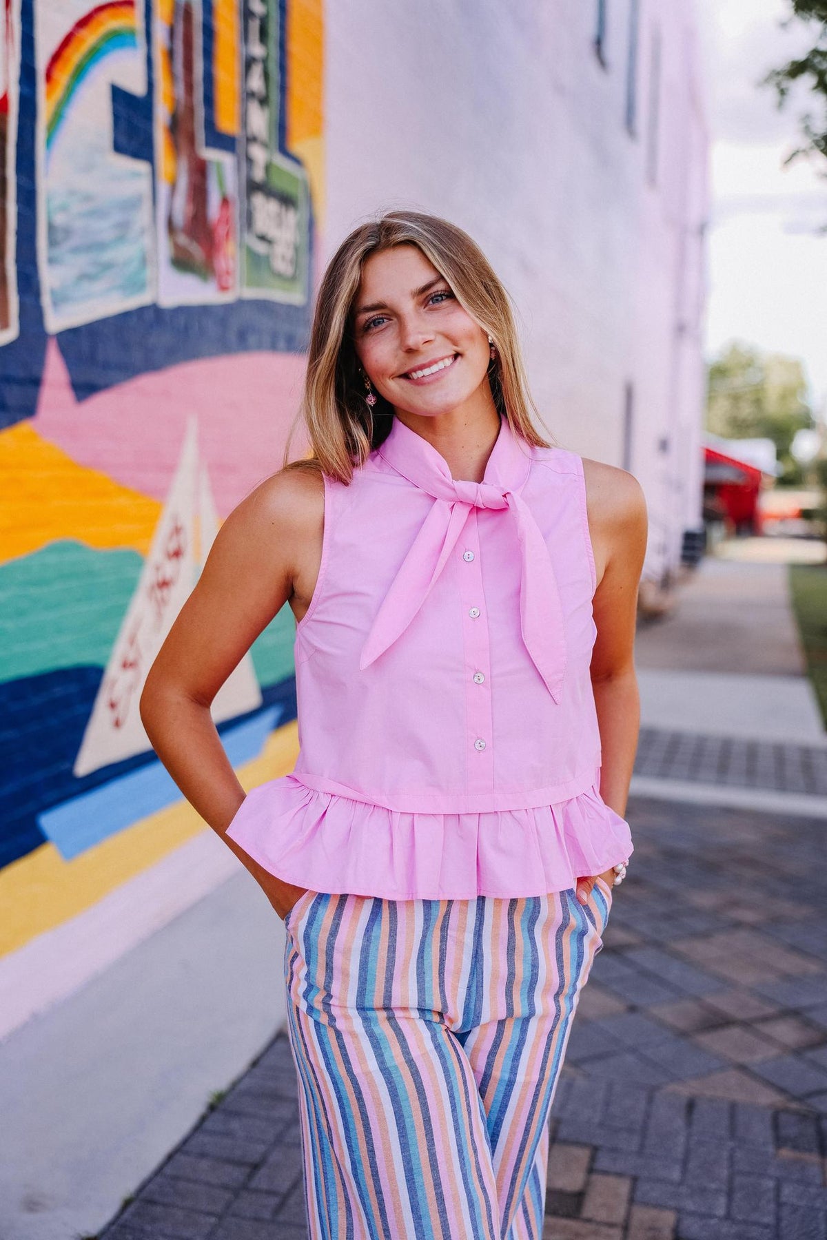 Pink Tie Neck Button Top