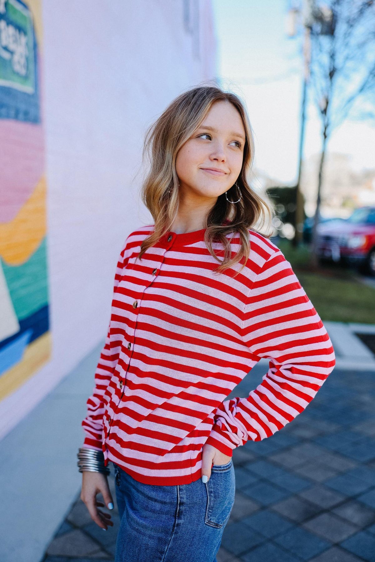 Pink and Red Striped Button Front Cardigan