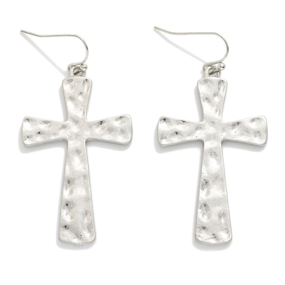 Matte Silver Hammered Cross Earrings