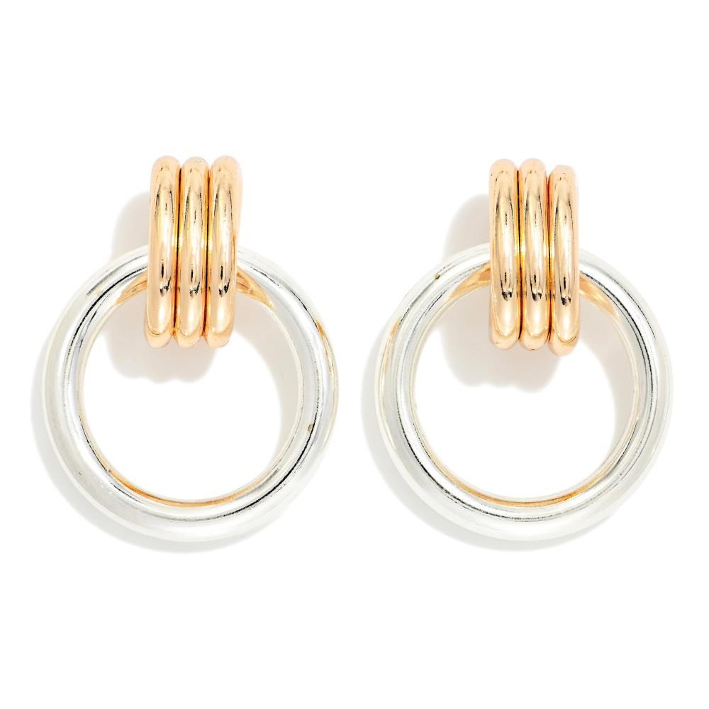 Two Tone Circle Door Knocker Drop Earrings