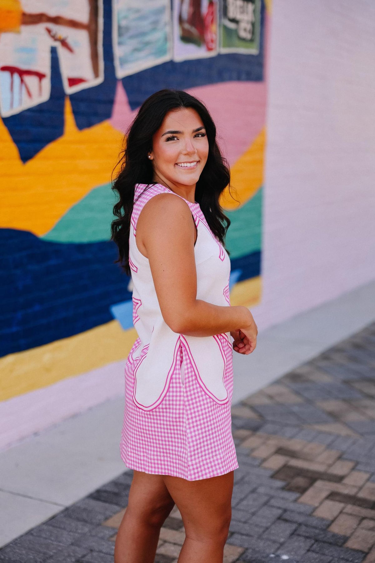 Pink Gingham Flower Mini Dress