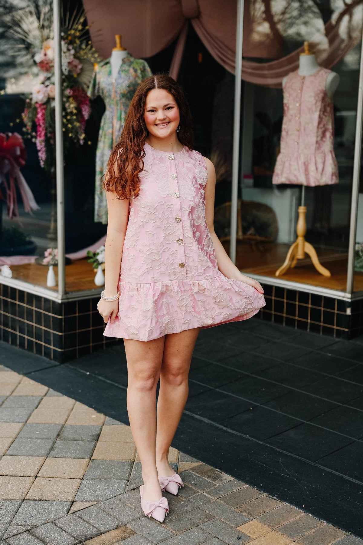 Women's Pink Textured Button Front Mini Dress