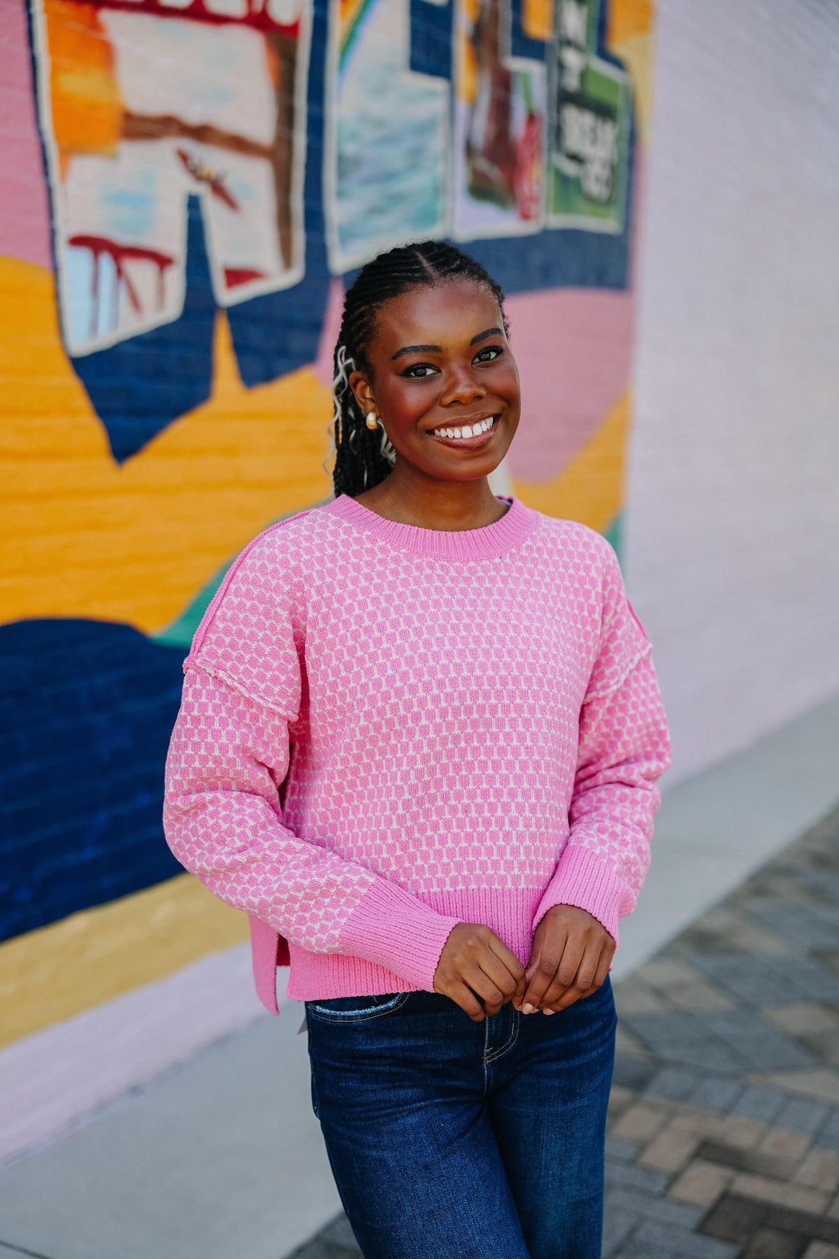 Pink Geometric Check Sweater