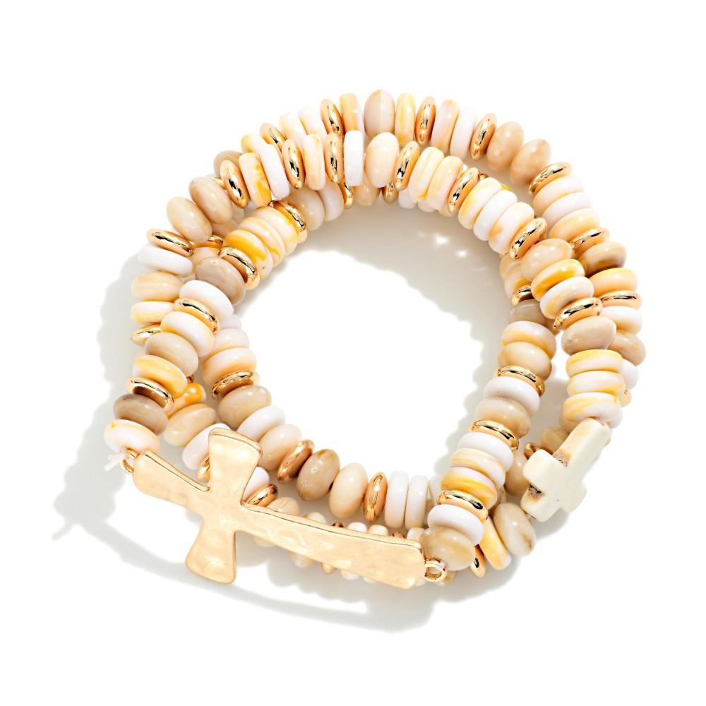 Neutral Disc Beaded Cross Bracelet Set