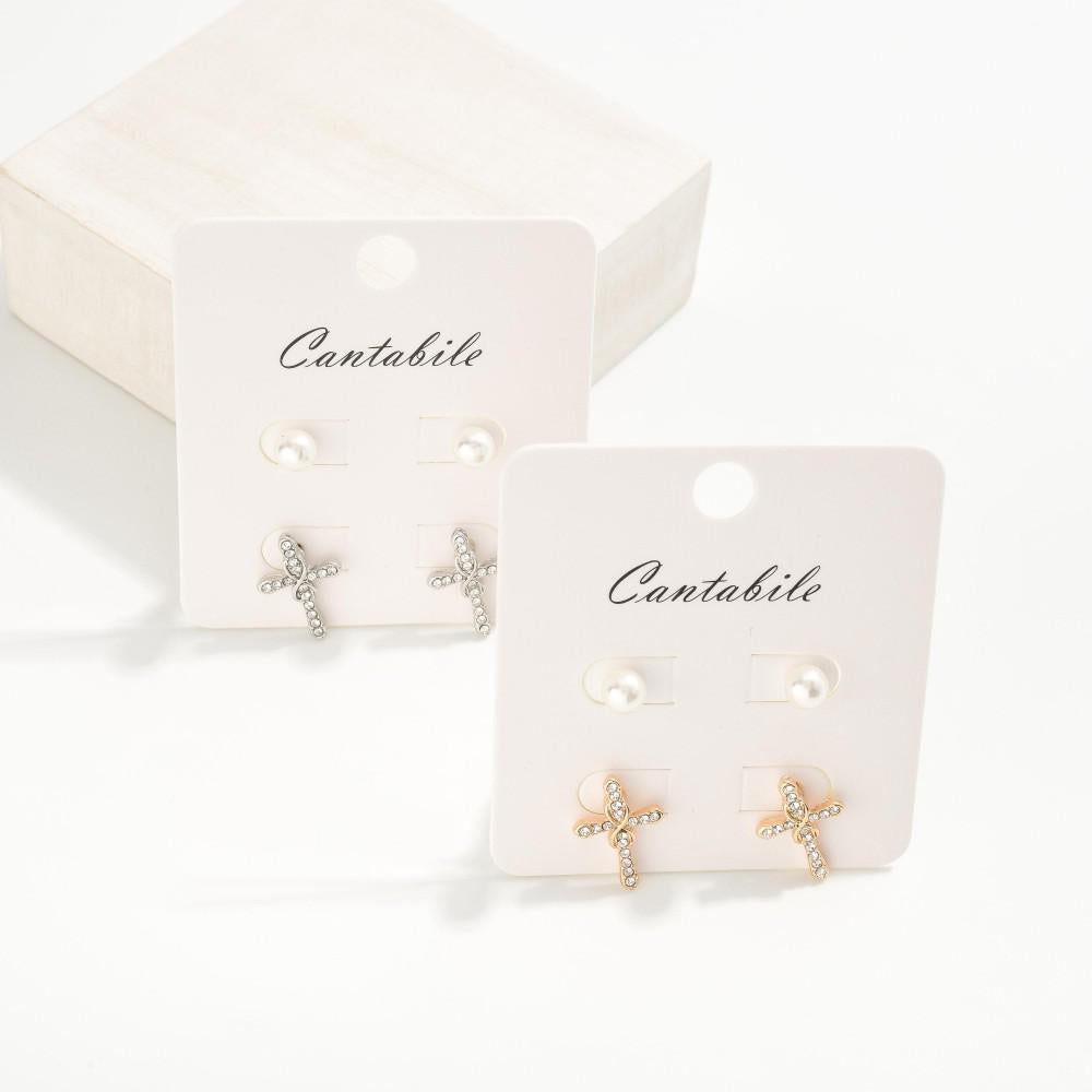Cross + Pearl Stud Set