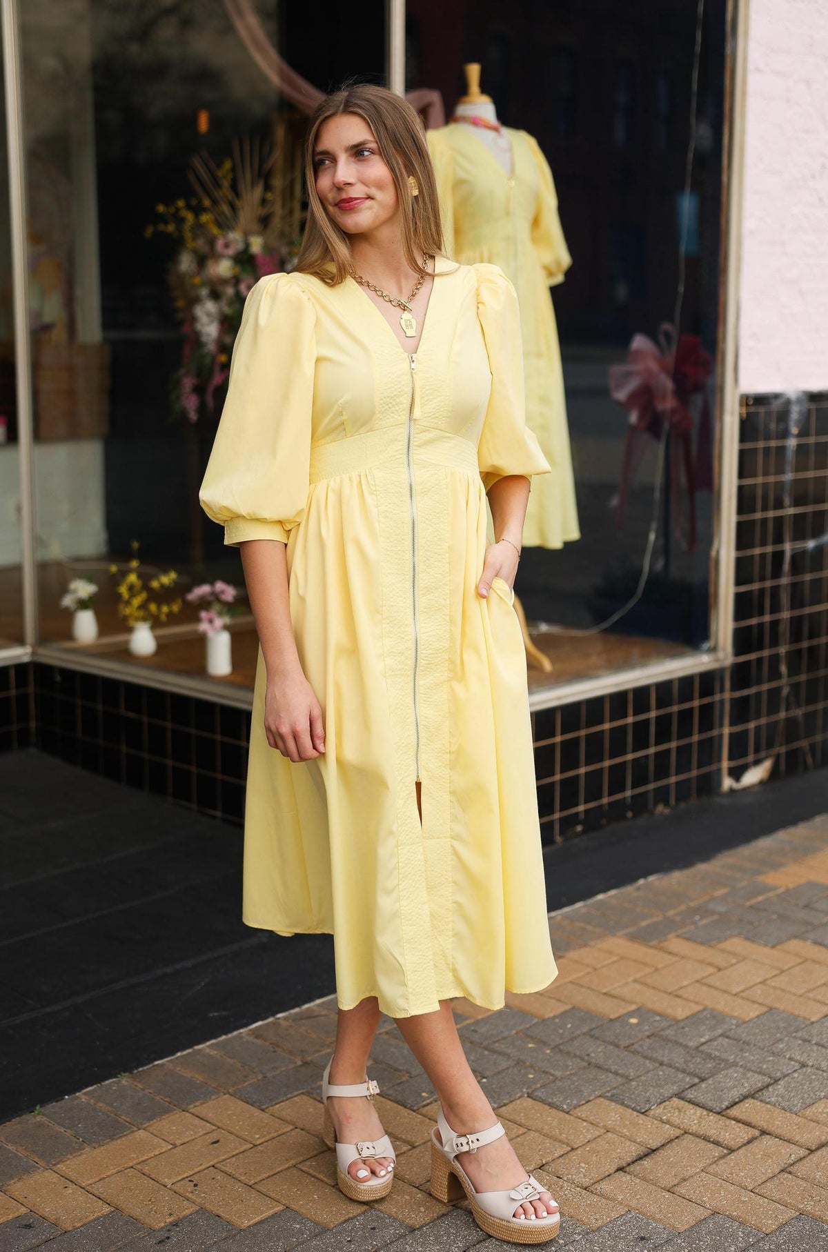 Yellow Puff Sleeve Zipper Front Midi Dress