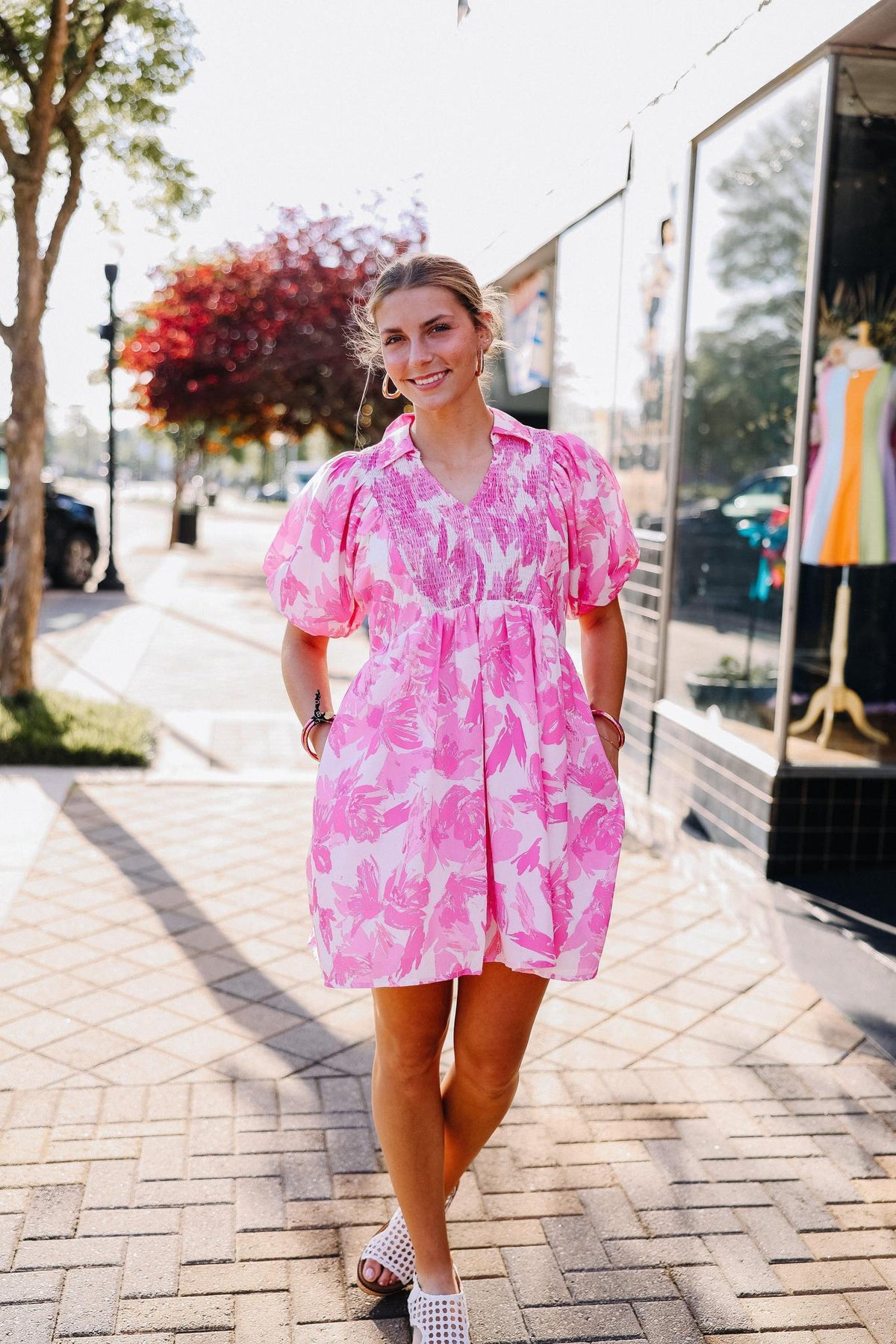Pink Floral V-Neck Mini Dress