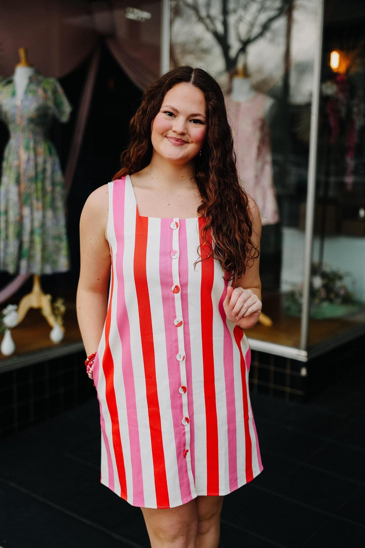 Pink and Red Striped Button Front Mini Dress