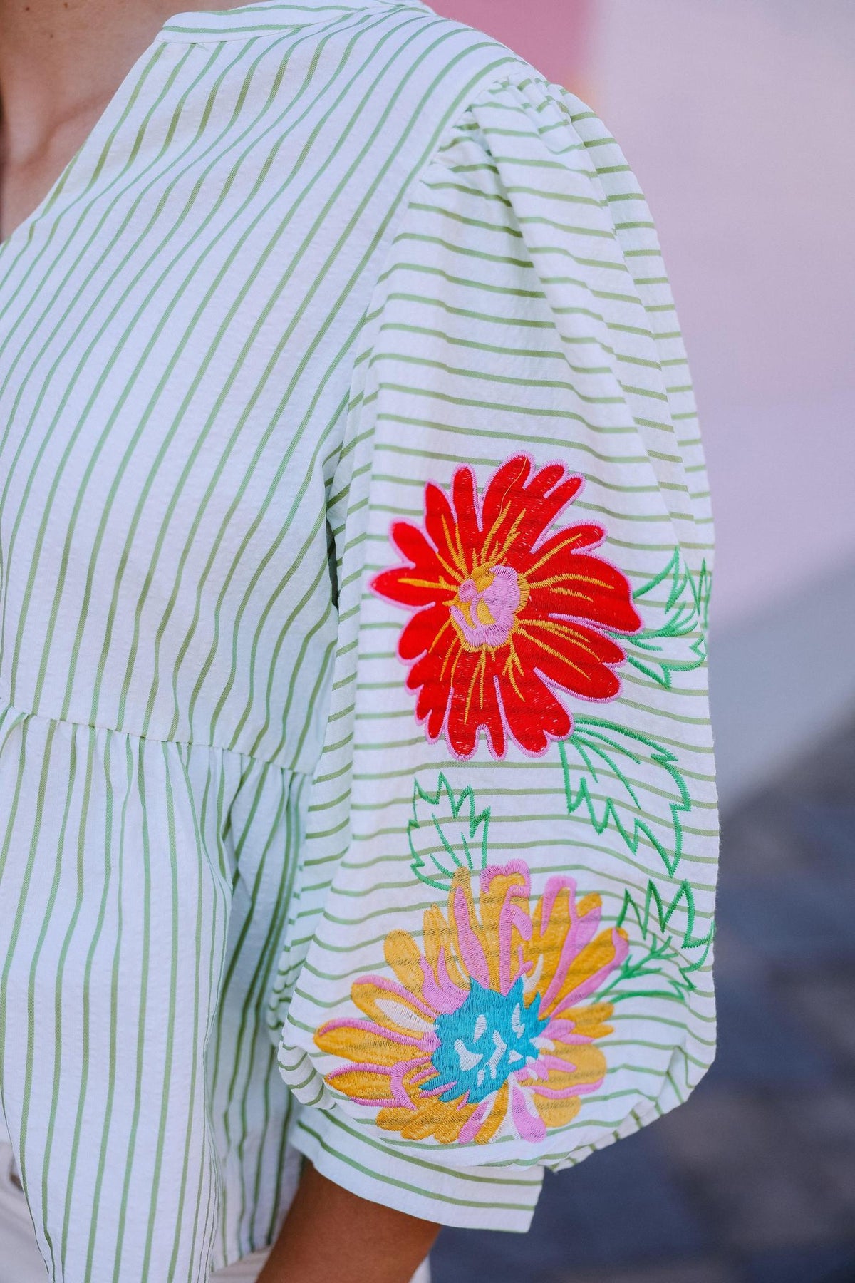 Olive Stripe Floral Embroidered Puff Sleeve Top