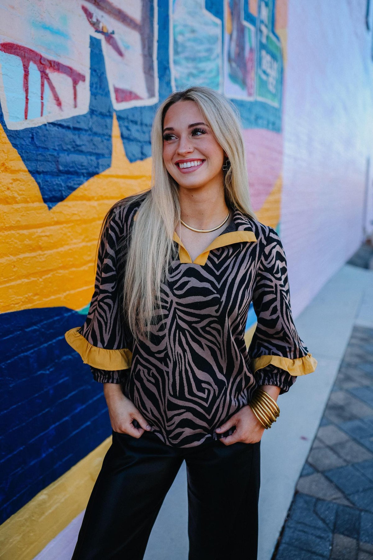 Zebra Print Ruffle Sleeve Top
