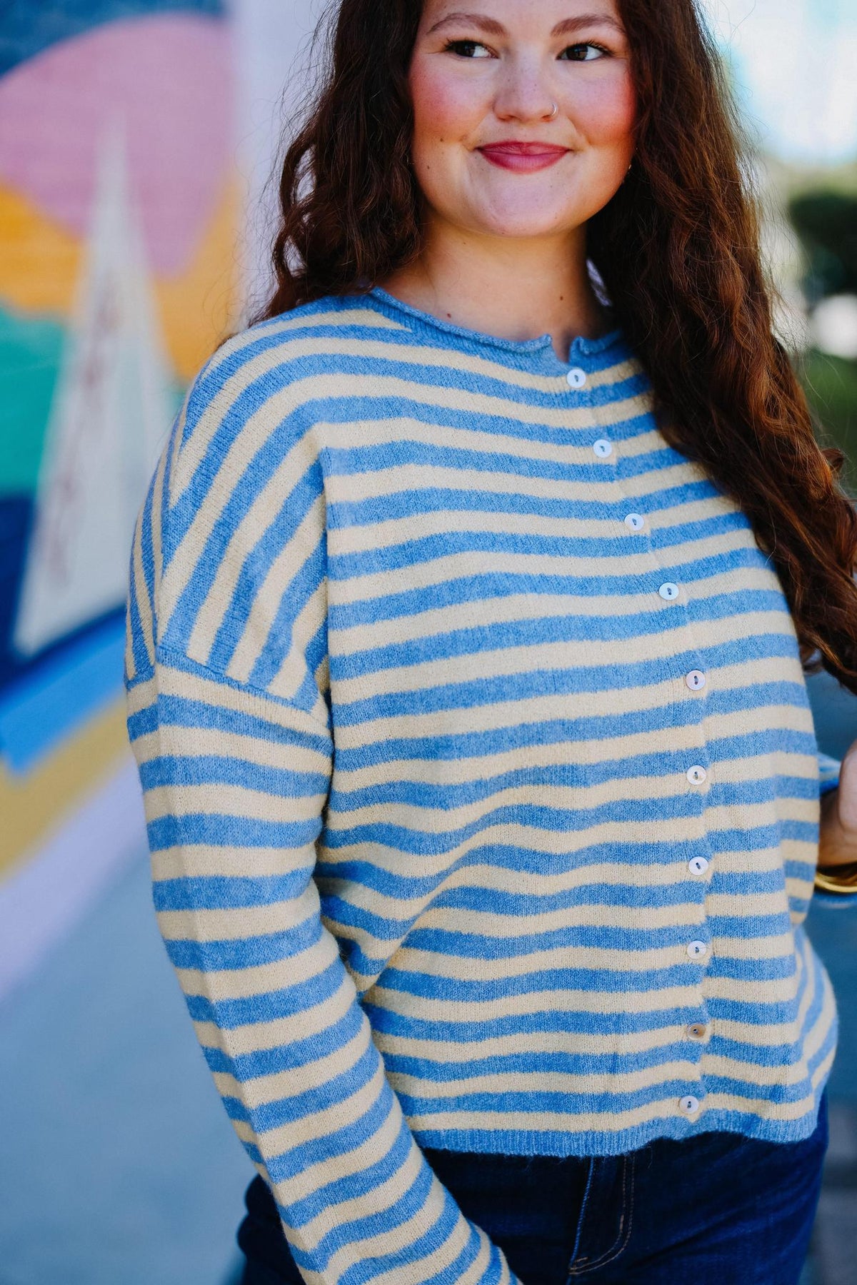 Yellow & Blue Striped Button Up Cardigan