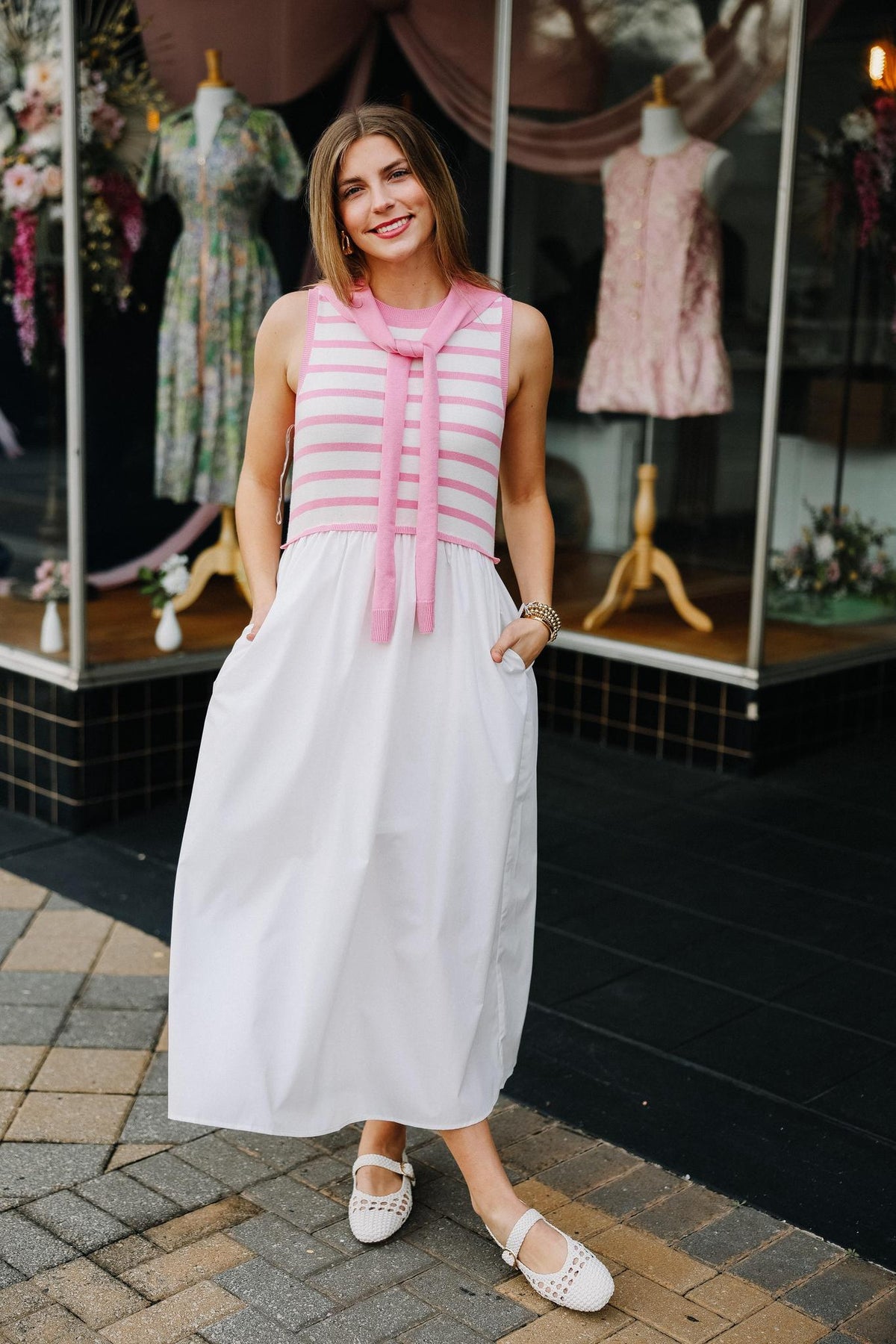 Blush Stripe Tie Neck Midi Dress