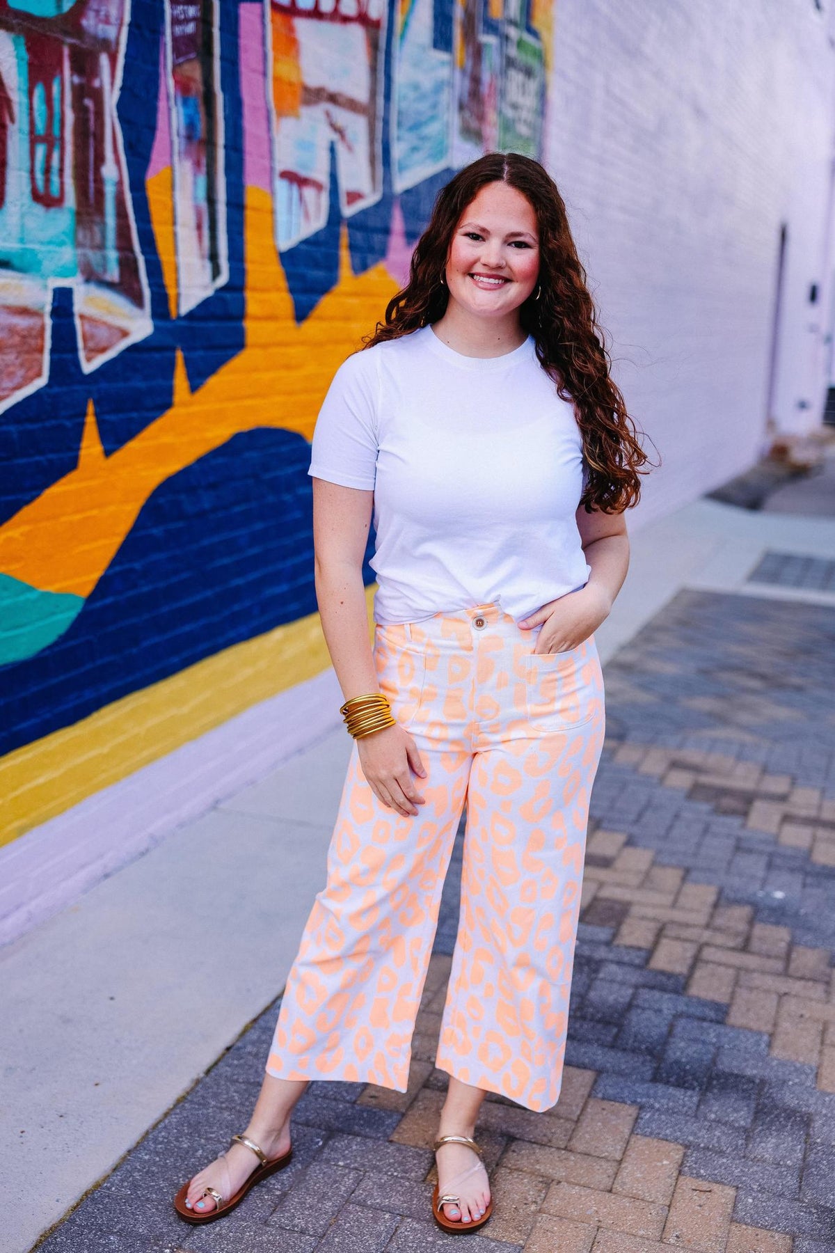 Leopard Printed Neon Orange Cropped Wide Leg Pants