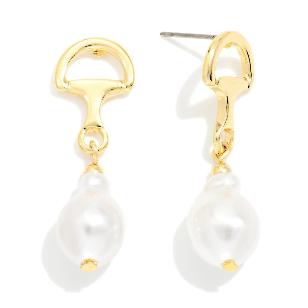 Horse Shoe Clipped Pearl Dangle Earrings