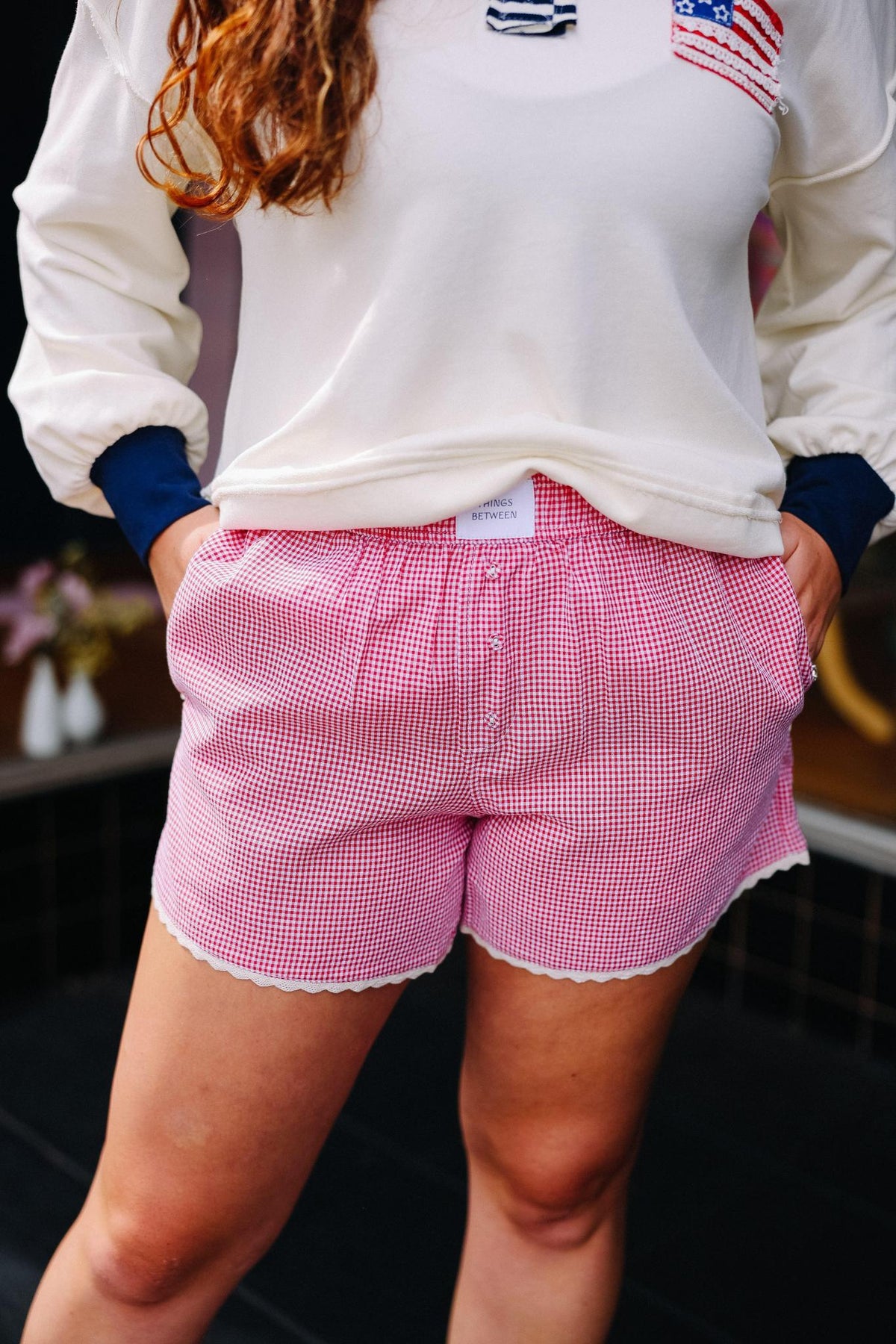 Red Gingham Lace Trim Lounge Short